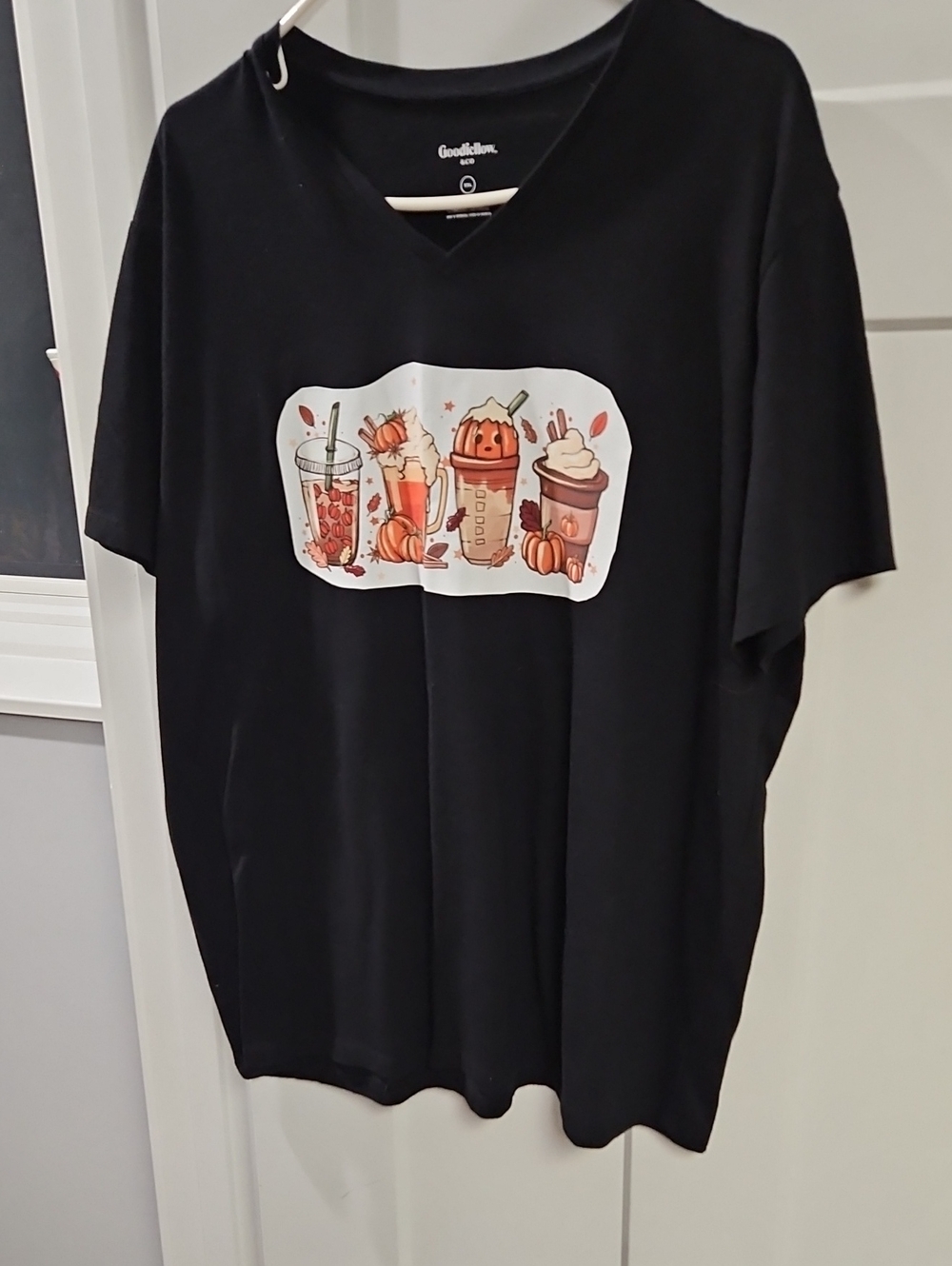 Goodfellow & Co Black V‑Neck Tee with Pumpkin Drink Graphic